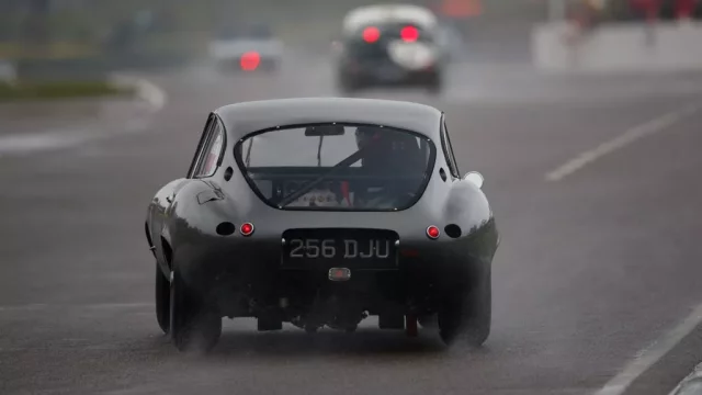 Jaugar E-Type divoce driftuje na závodní trati